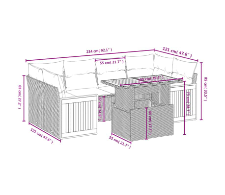 vidaXL 7-tlg. Garten-Sofagarnitur mit Kissen Beige Poly Rattan