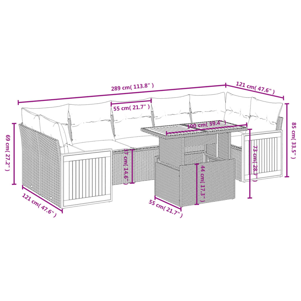 vidaXL 8-delige Loungeset met kussens poly rattan zwart afbeelding