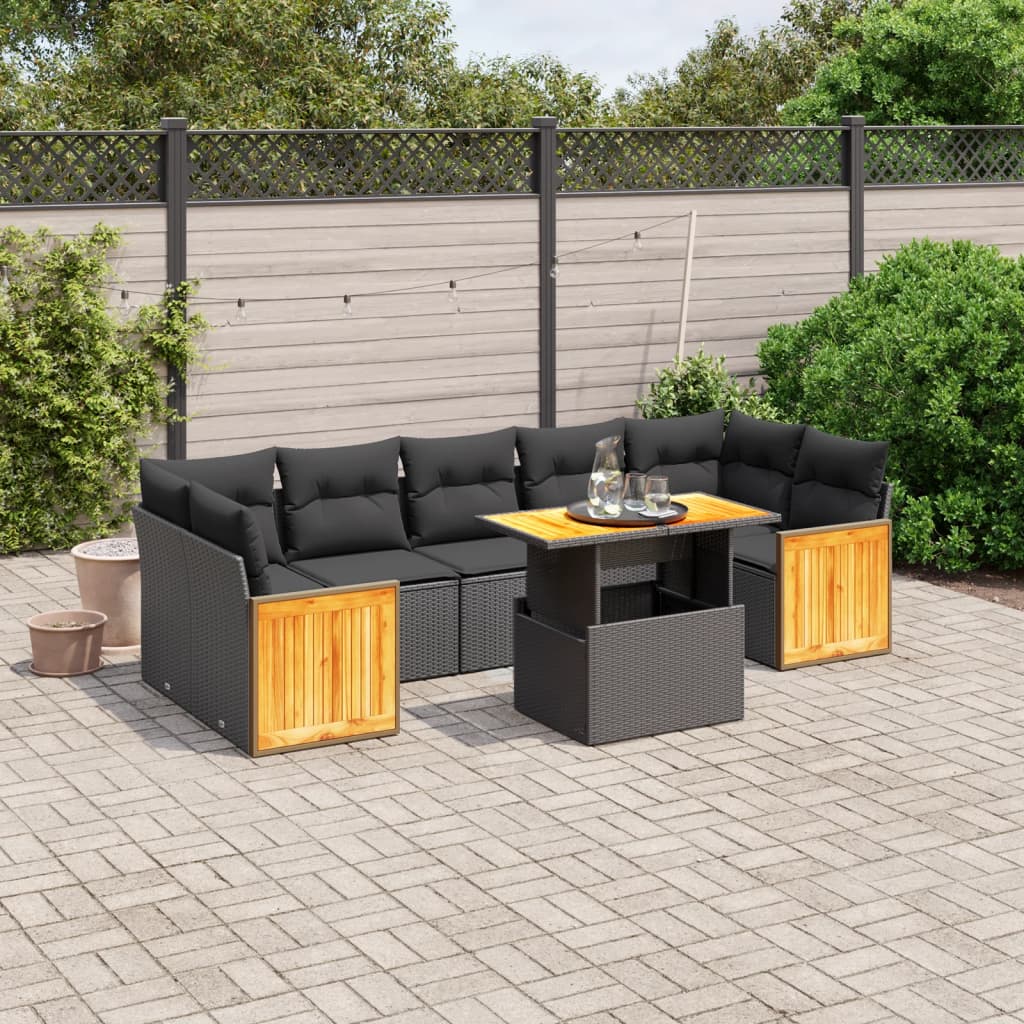 vidaXL 8-tlg. Garten-Sofagarnitur mit Kissen Schwarz Poly Rattan