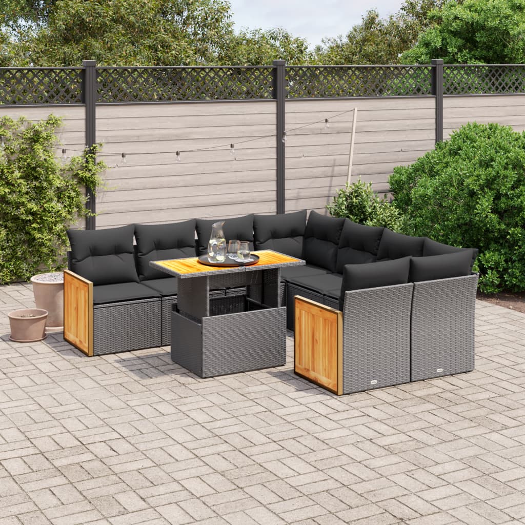 vidaXL 9-tlg. Garten-Sofagarnitur mit Kissen Schwarz Poly Rattan