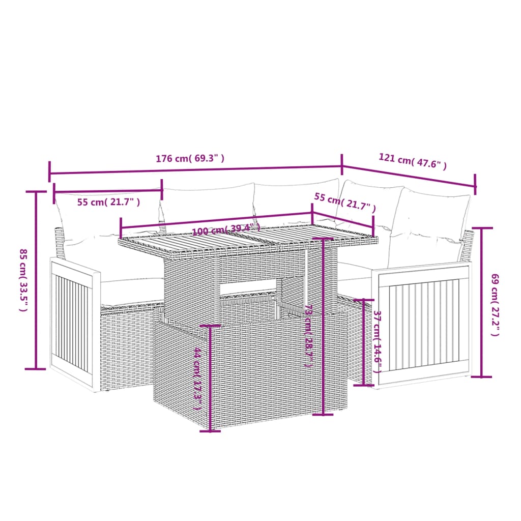 vidaXL 5-delige Loungeset met kussens poly rattan zwart afbeelding