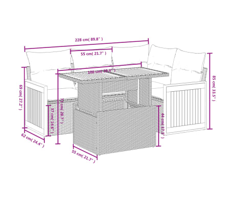 vidaXL 5-tlg. Garten-Sofagarnitur mit Kissen Beige Poly Rattan