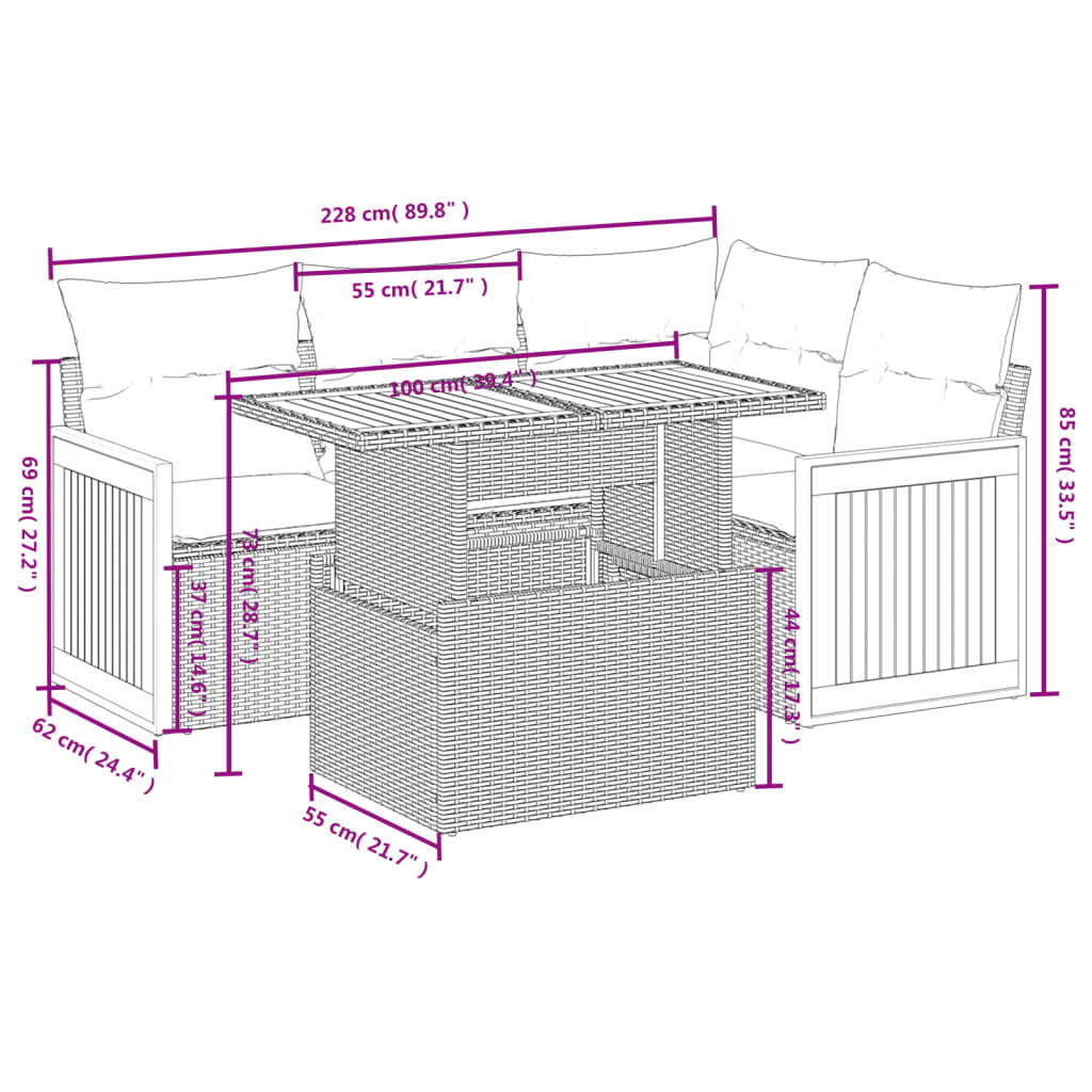 vidaXL 5-delige Loungeset met kussens poly rattan grijs afbeelding