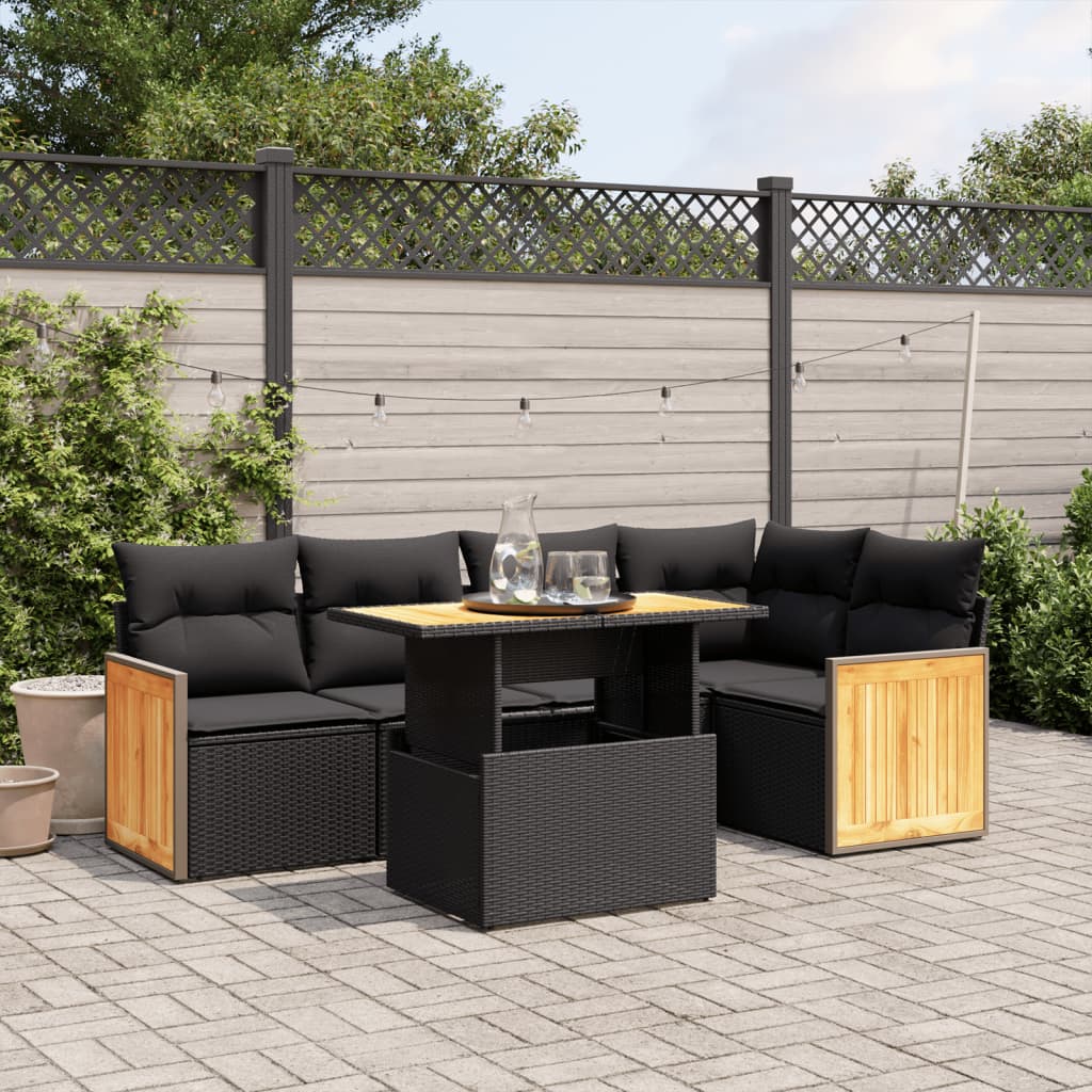 6-tlg. Garten-Sofagarnitur mit Kissen Schwarz Poly Rattan