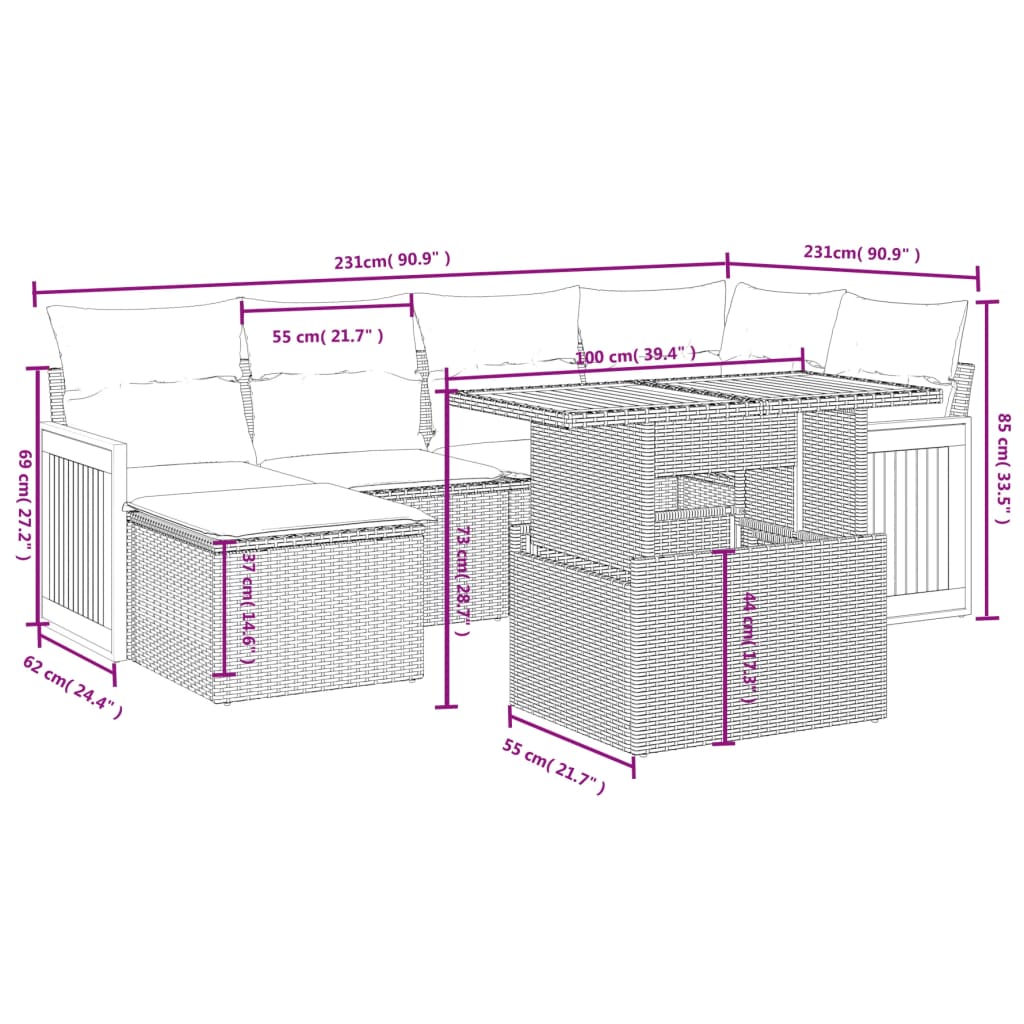 Set mobilier de grădină cu perne, 6 piese, negru, poliratan 3273947 - imagine 3