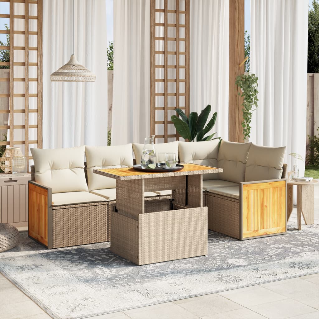 vidaXL 6-tlg. Garten-Sofagarnitur mit Kissen Beige Poly Rattan