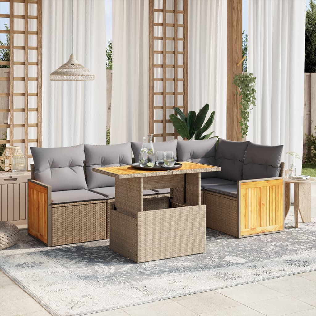 vidaXL 6-tlg. Garten-Sofagarnitur mit Kissen Beige Poly Rattan