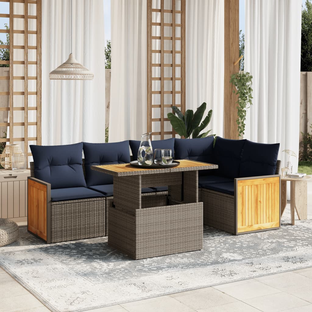 6 Piece Patio Sofa Set with Cushions Beige Poly Rattan