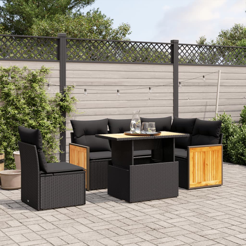 6-tlg. Garten-Sofagarnitur mit Kissen Schwarz Poly Rattan