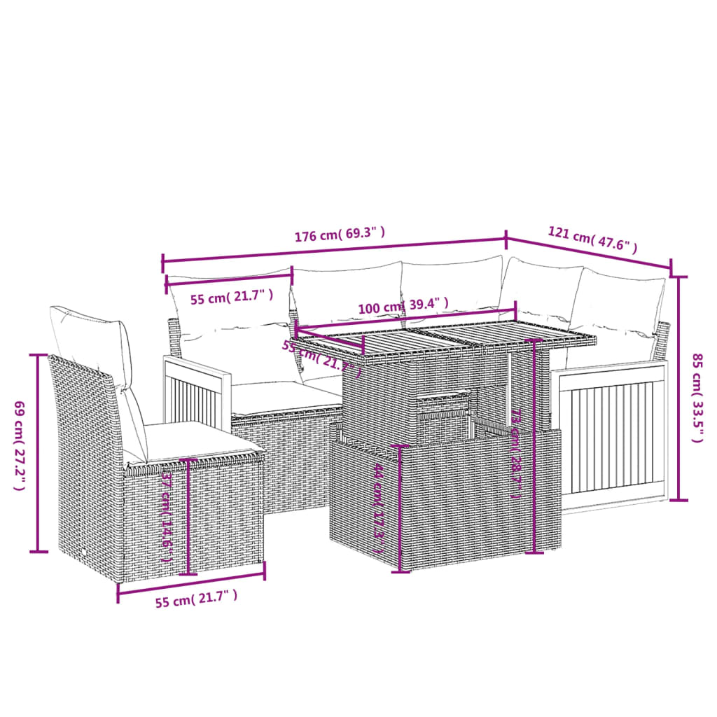Set mobilier de grădină cu perne, 6 piese, negru, poliratan 3273961 - imagine 3