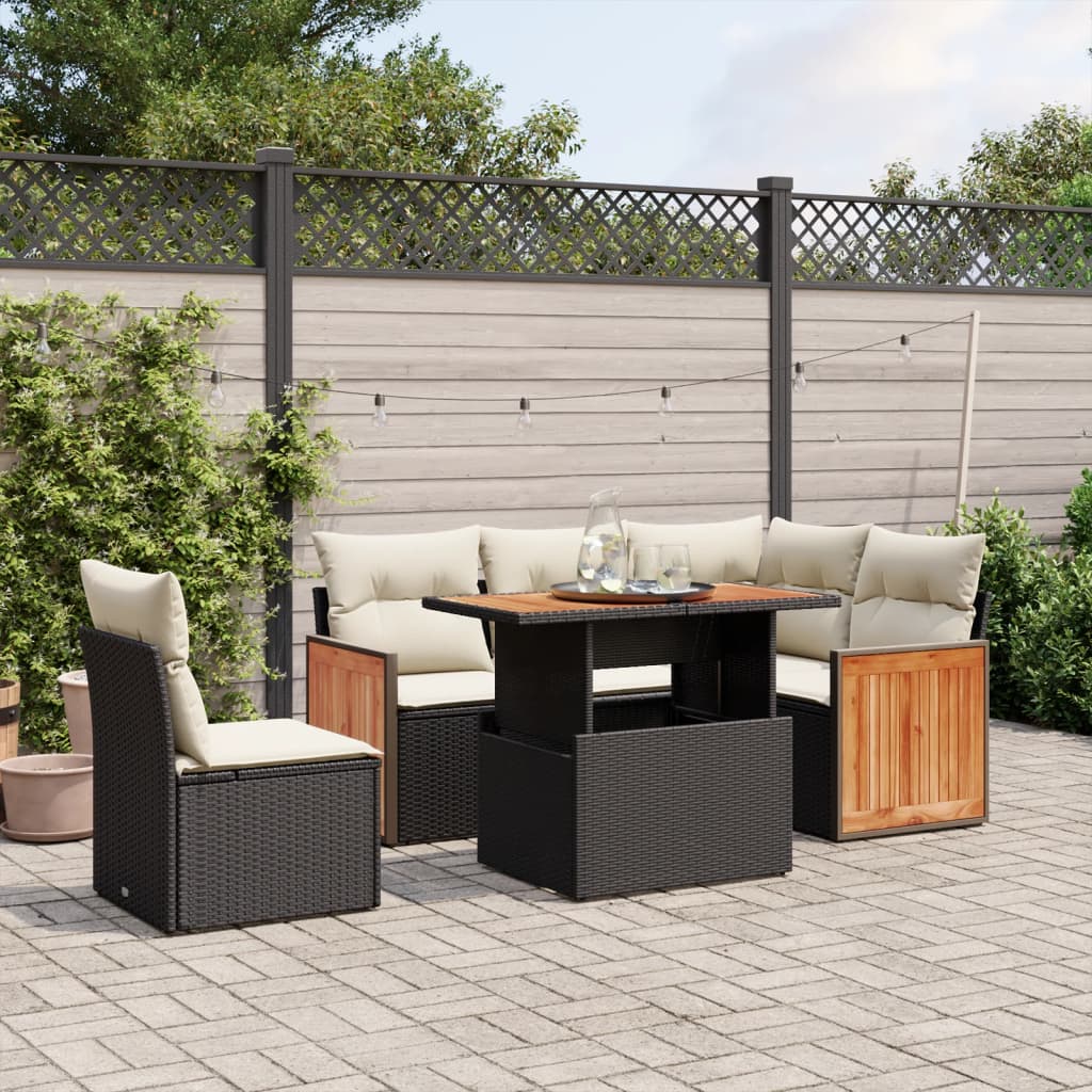 vidaXL 6-tlg. Garten-Sofagarnitur mit Kissen Schwarz Poly Rattan