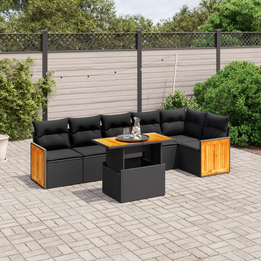 vidaXL 7-tlg. Garten-Sofagarnitur mit Kissen Schwarz Poly Rattan