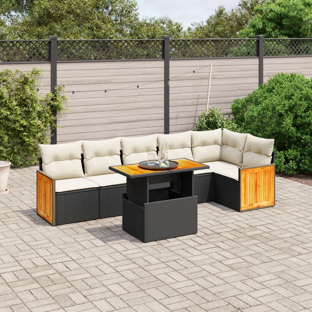 vidaXL 7-tlg. Garten-Sofagarnitur mit Kissen Schwarz Poly Rattan