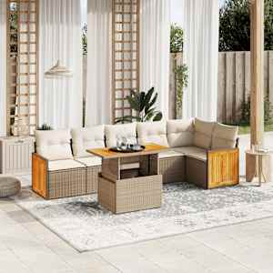 Vrtna sedežna garnitura 7-delna z blazinami bež poli ratan