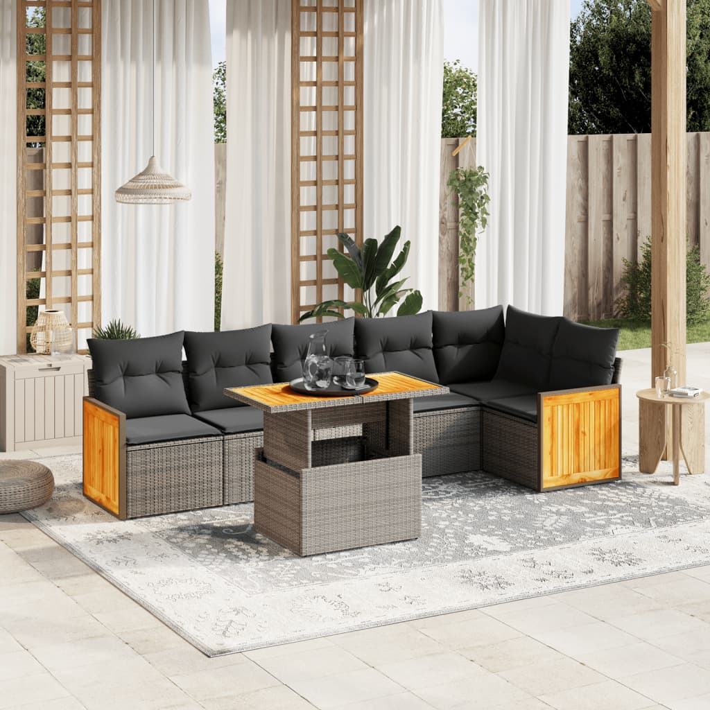 vidaXL 7-tlg. Garten-Sofagarnitur mit Kissen Grau Poly Rattan