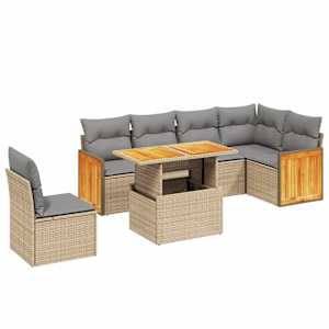 Vrtna sedežna garnitura 7-delna z blazinami bež poli ratan - slika 2