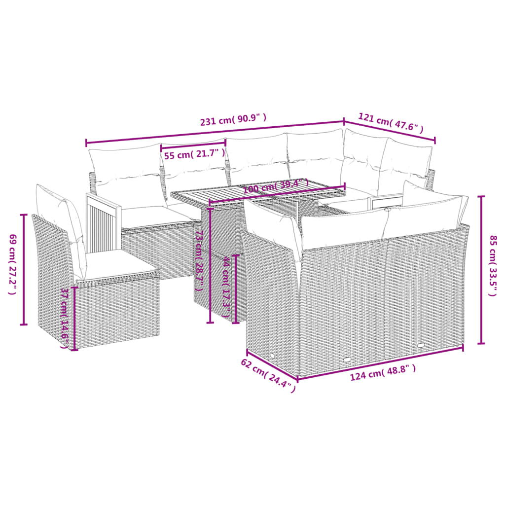 vidaXL 9-delige Loungeset met kussens poly rattan zwart afbeelding