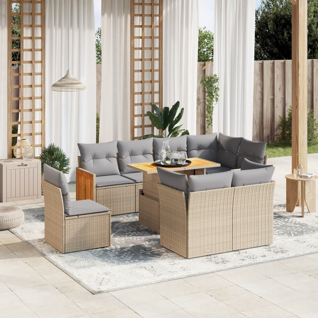 vidaXL 9-tlg. Garten-Sofagarnitur mit Kissen Beige Poly Rattan