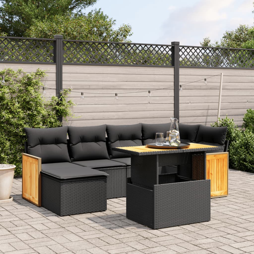 7-tlg. Garten-Sofagarnitur mit Kissen Schwarz Poly Rattan