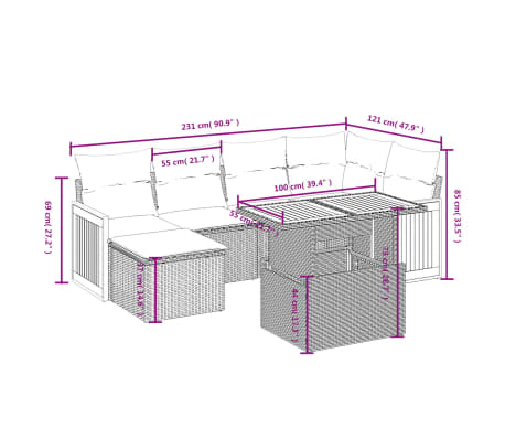 vidaXL 7-tlg. Garten-Sofagarnitur mit Kissen Beige Poly Rattan