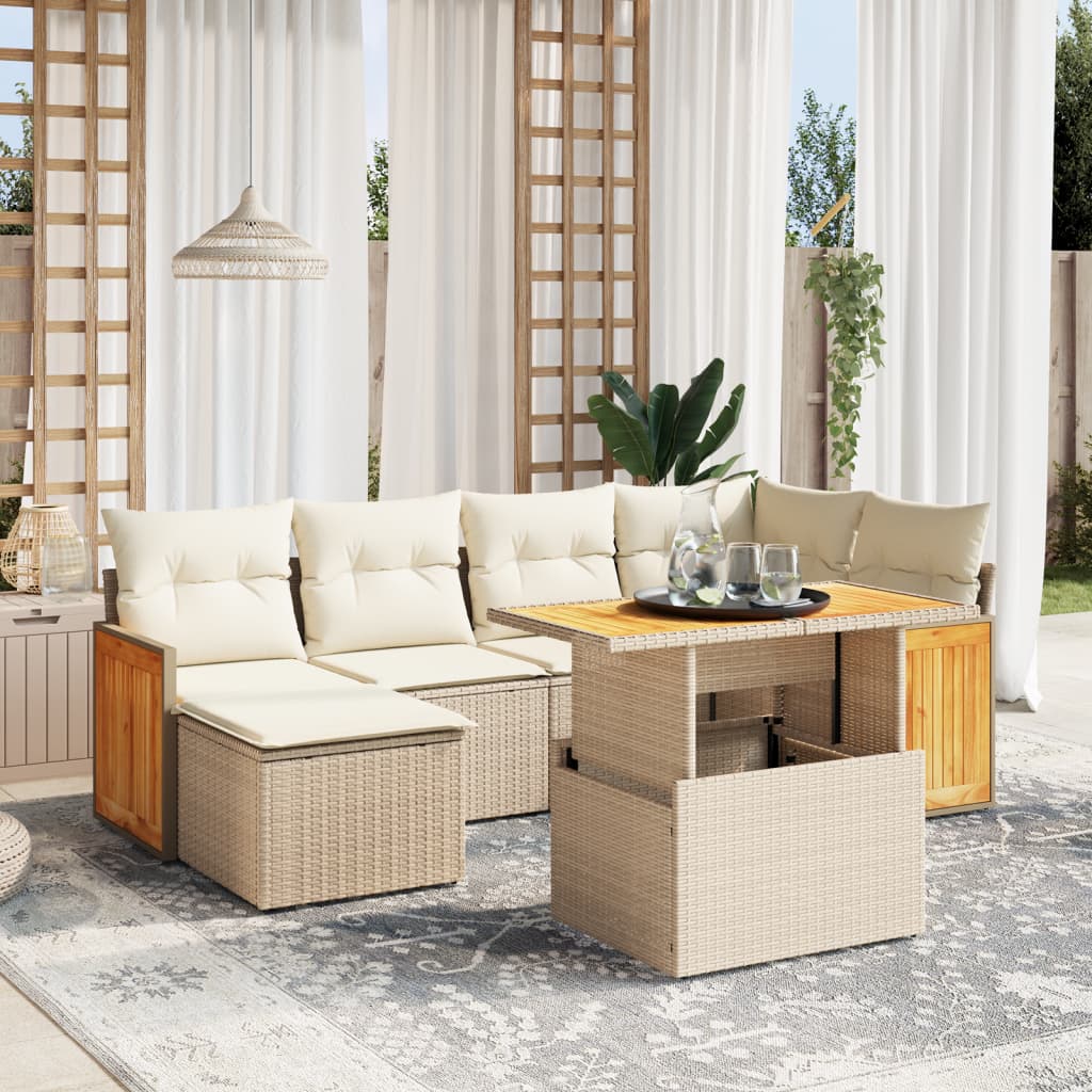 vidaXL 7-tlg. Garten-Sofagarnitur mit Kissen Beige Poly Rattan