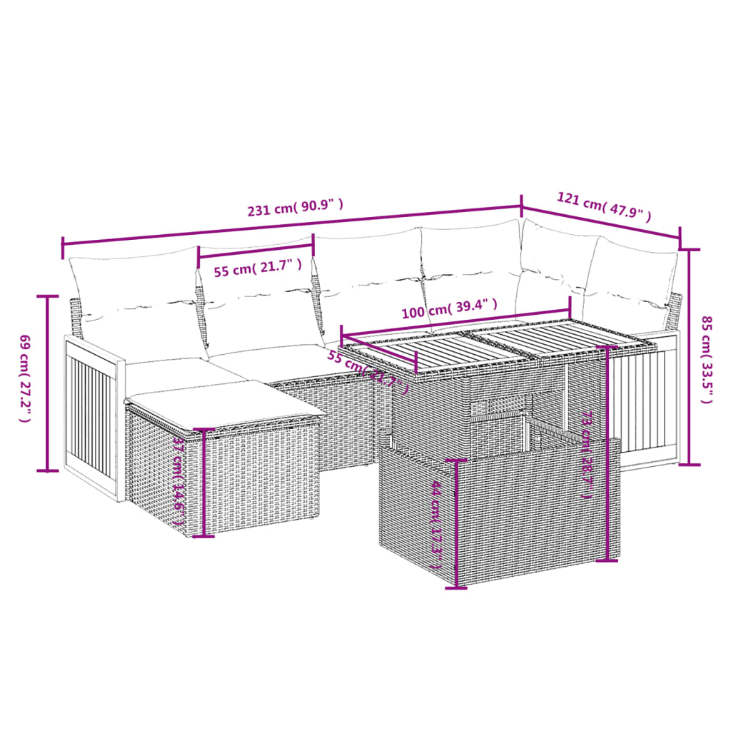 vidaXL 7-delige Loungeset met kussens poly rattan beige afbeelding