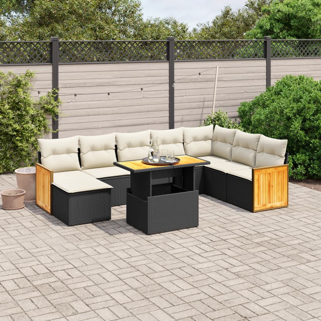 9-tlg. Garten-Sofagarnitur mit Kissen Schwarz Poly Rattan