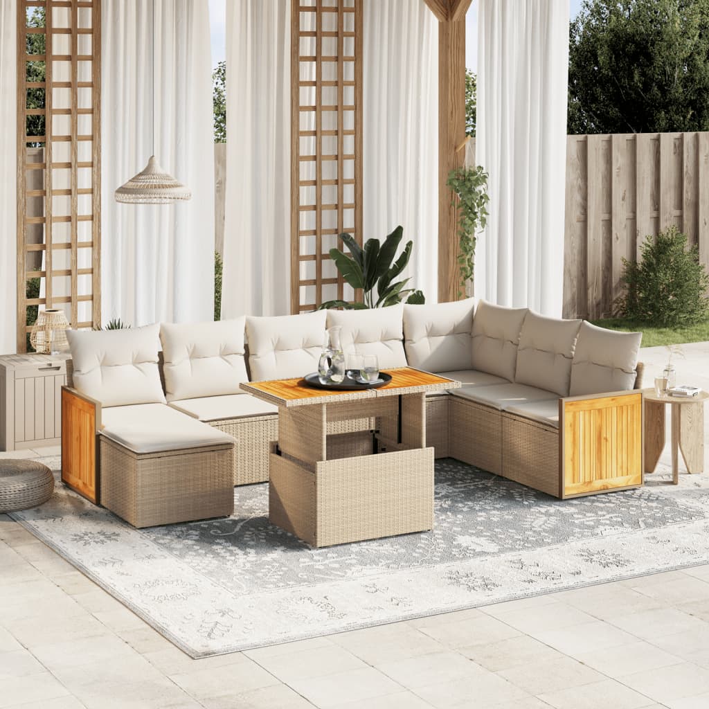 vidaXL 9-tlg. Garten-Sofagarnitur mit Kissen Beige Poly Rattan