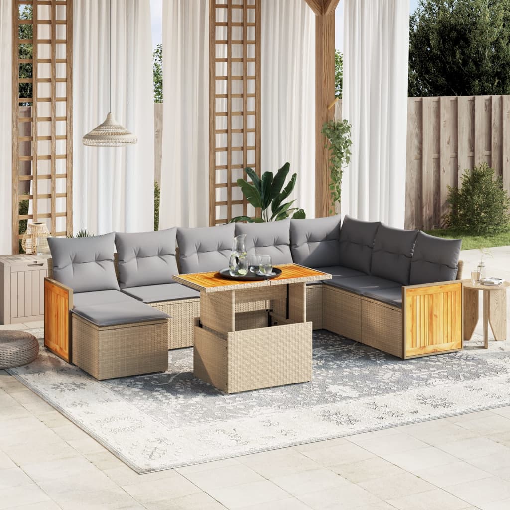 vidaXL 9-tlg. Garten-Sofagarnitur mit Kissen Beige Poly Rattan