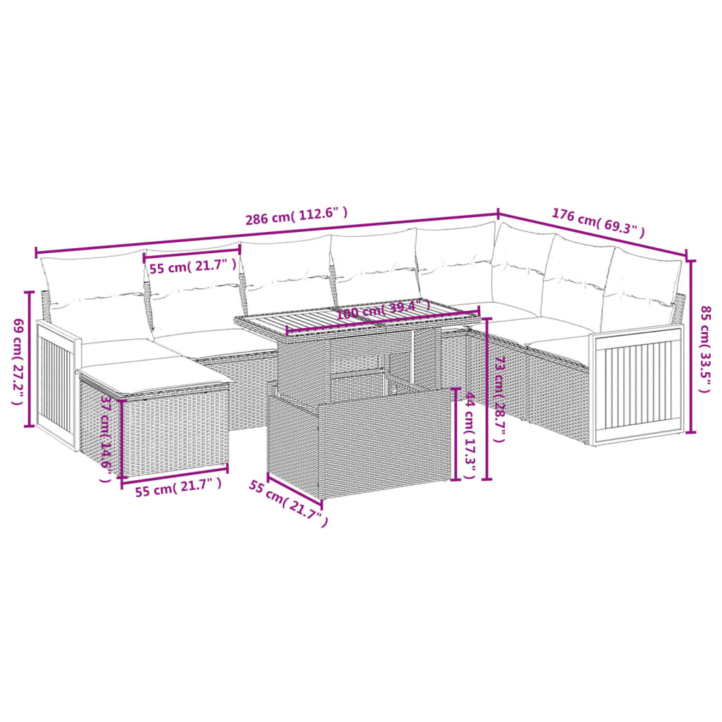 vidaXL 9-delige Loungeset met kussens poly rattan grijs afbeelding