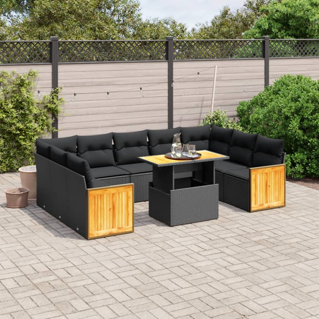 vidaXL 10-tlg. Garten-Sofagarnitur mit Kissen Schwarz Poly Rattan