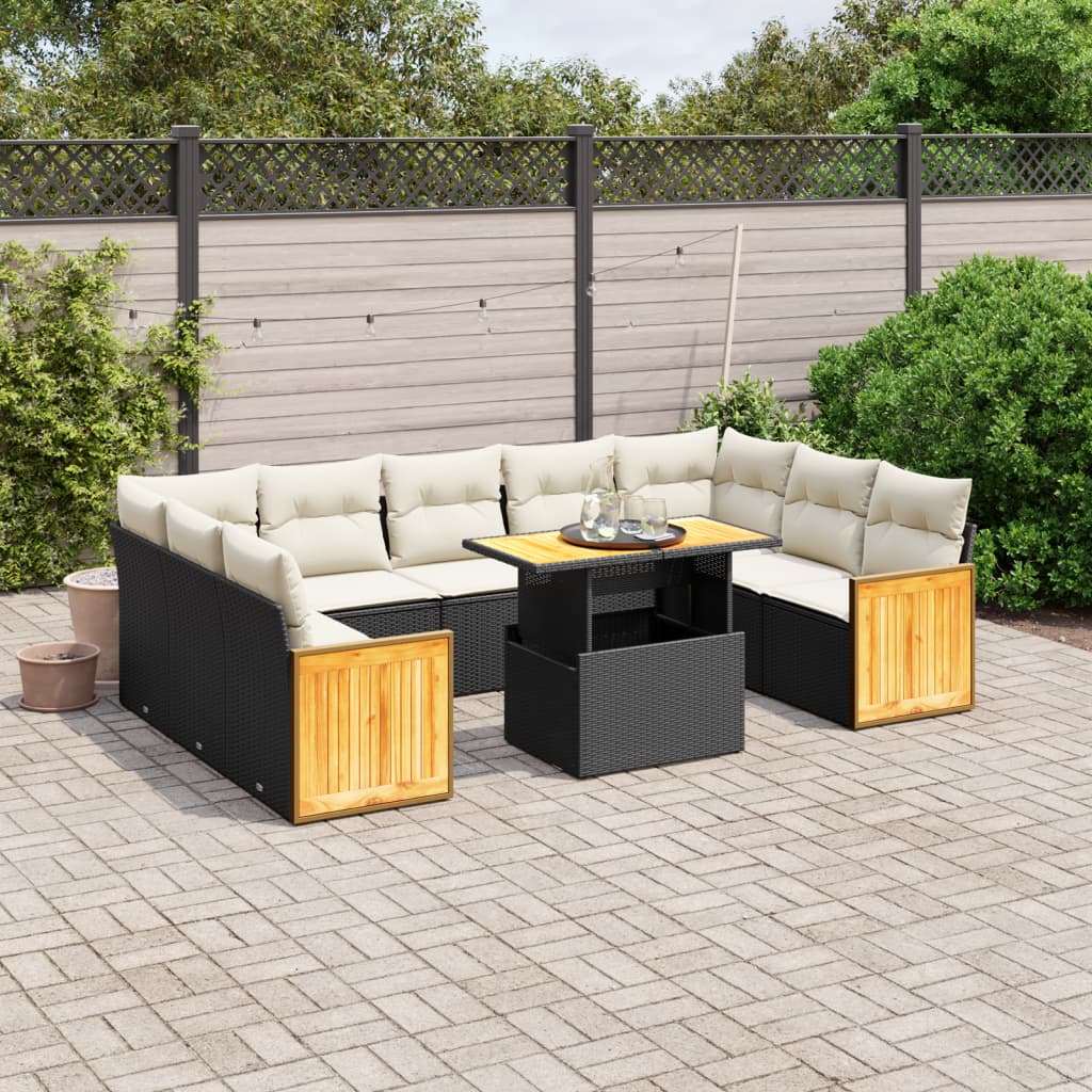 vidaXL 10-tlg. Garten-Sofagarnitur mit Kissen Schwarz Poly Rattan