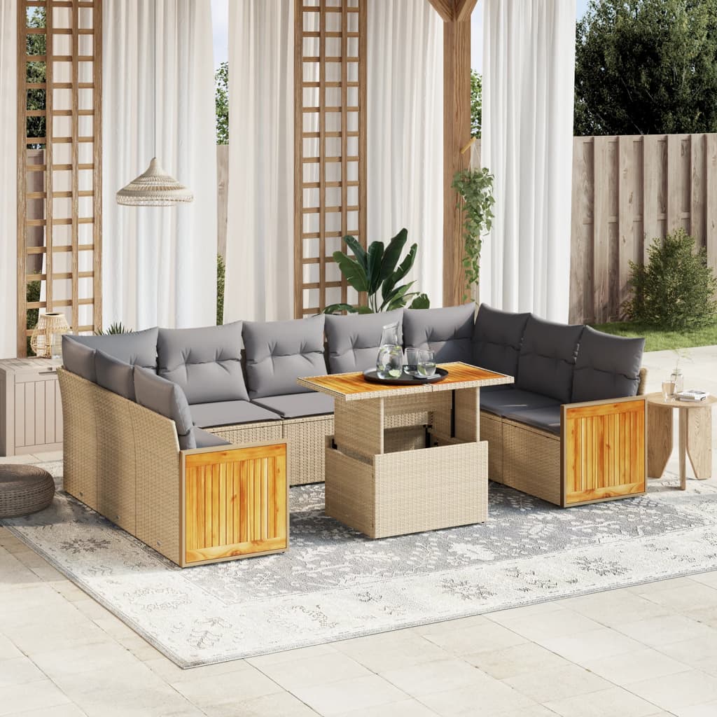 vidaXL 10-tlg. Garten-Sofagarnitur mit Kissen Beige Poly Rattan