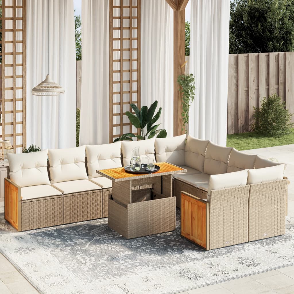 vidaXL 10-tlg. Garten-Sofagarnitur mit Kissen Beige Poly Rattan