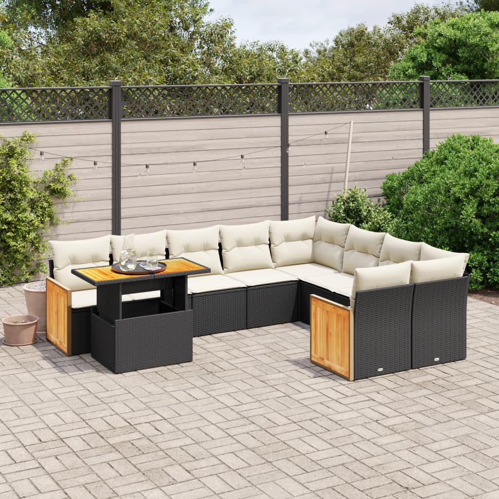 vidaXL 10-tlg. Garten-Sofagarnitur mit Kissen Schwarz Poly Rattan