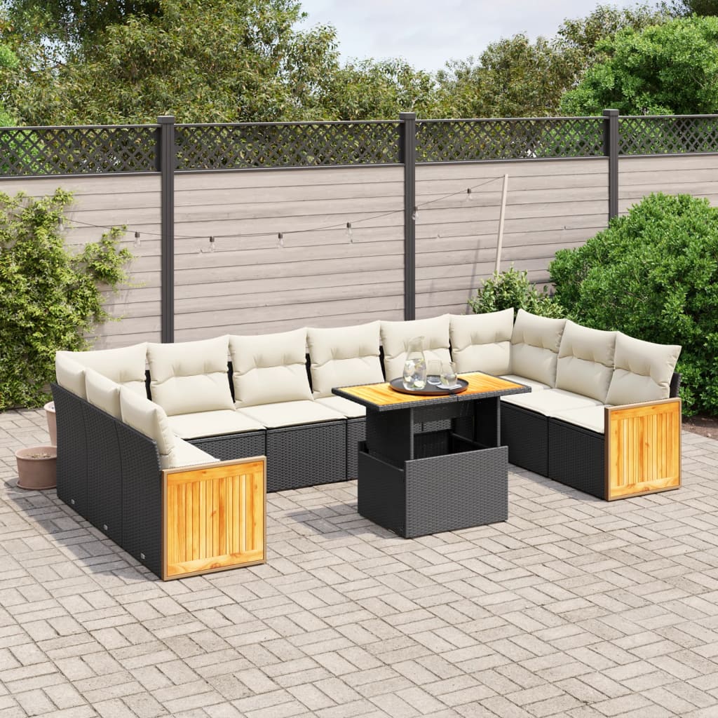 vidaXL 11-tlg. Garten-Sofagarnitur mit Kissen Schwarz Poly Rattan