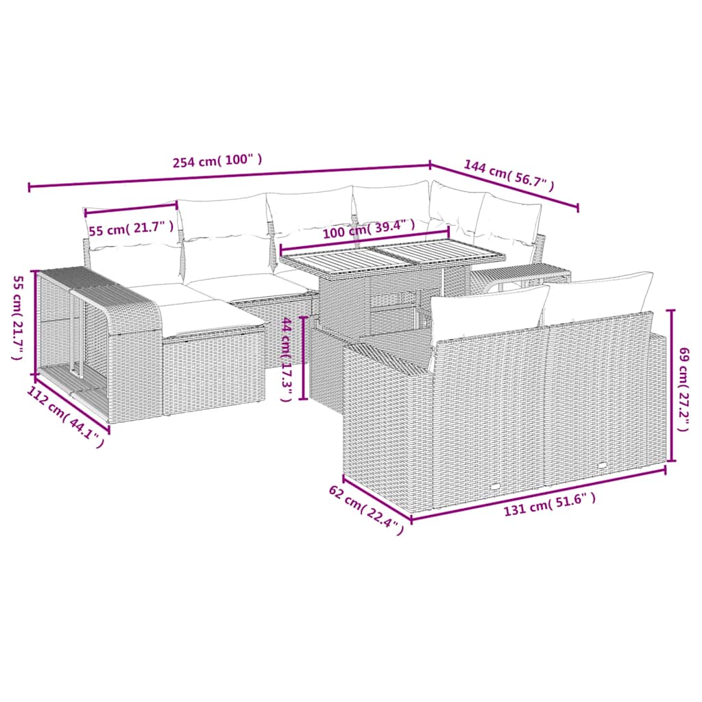 Set canapele de grădină cu perne, 11 piese, negru, poliratan 3274588 - imagine 3