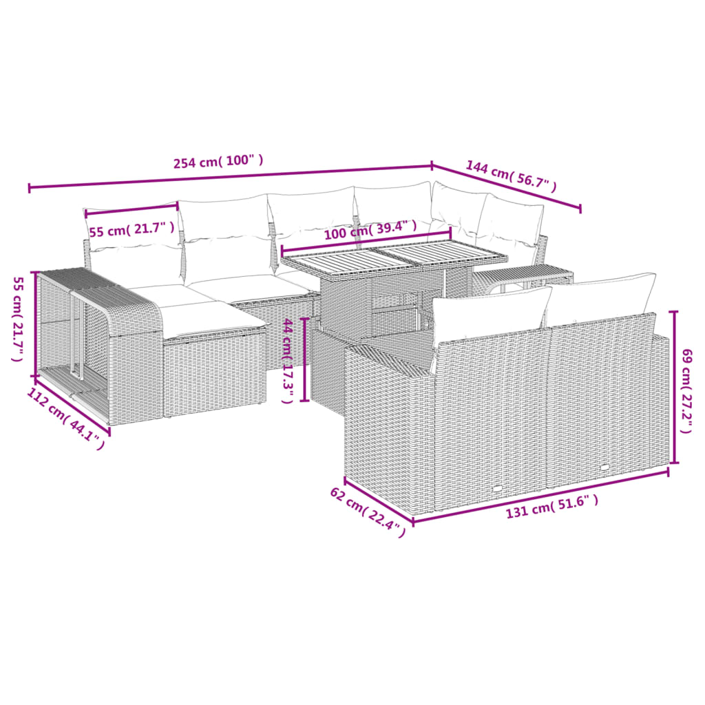 Set canapele de grădină cu perne, 11 piese, negru, poliratan 3274589 - imagine 3