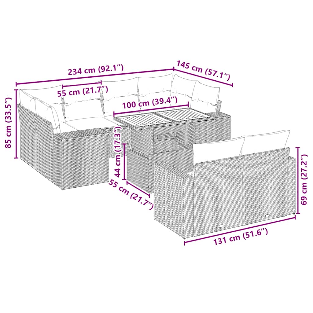 Set canapele de grădină cu perne, 11 piese, bej, poliratan 3274591 - imagine 3