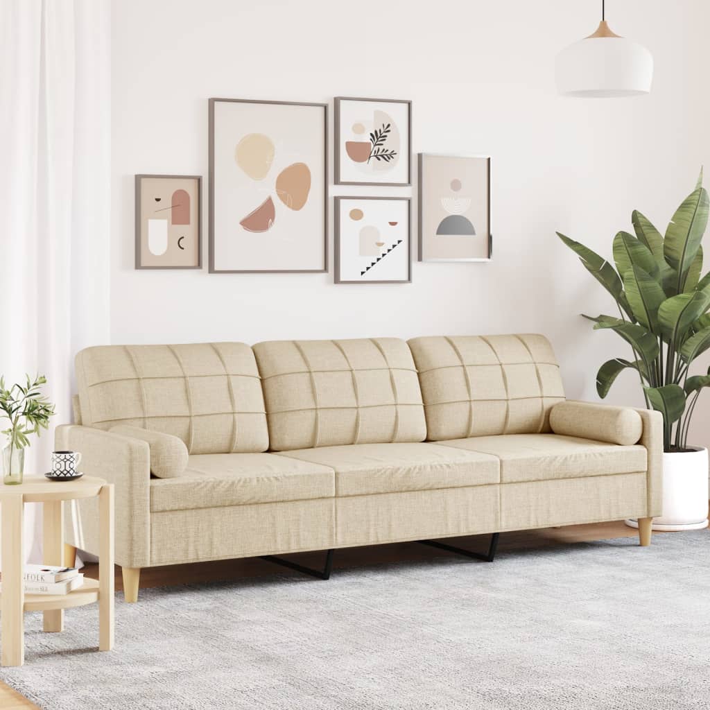 vidaXL Sofa 3-Sitzer mit Zierkissen Creme 210 cm Stoff