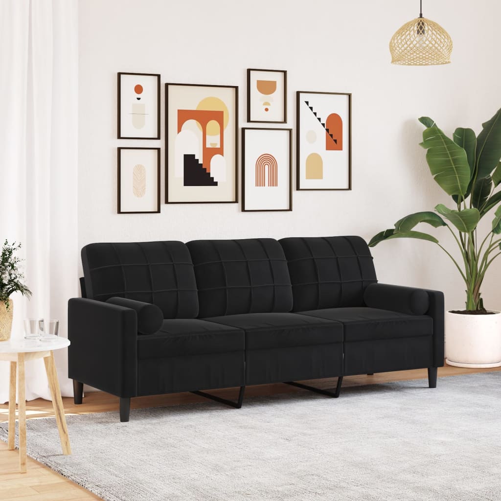 3-Sitzer-Sofa mit Zierkissen Schwarz 180 cm Samt