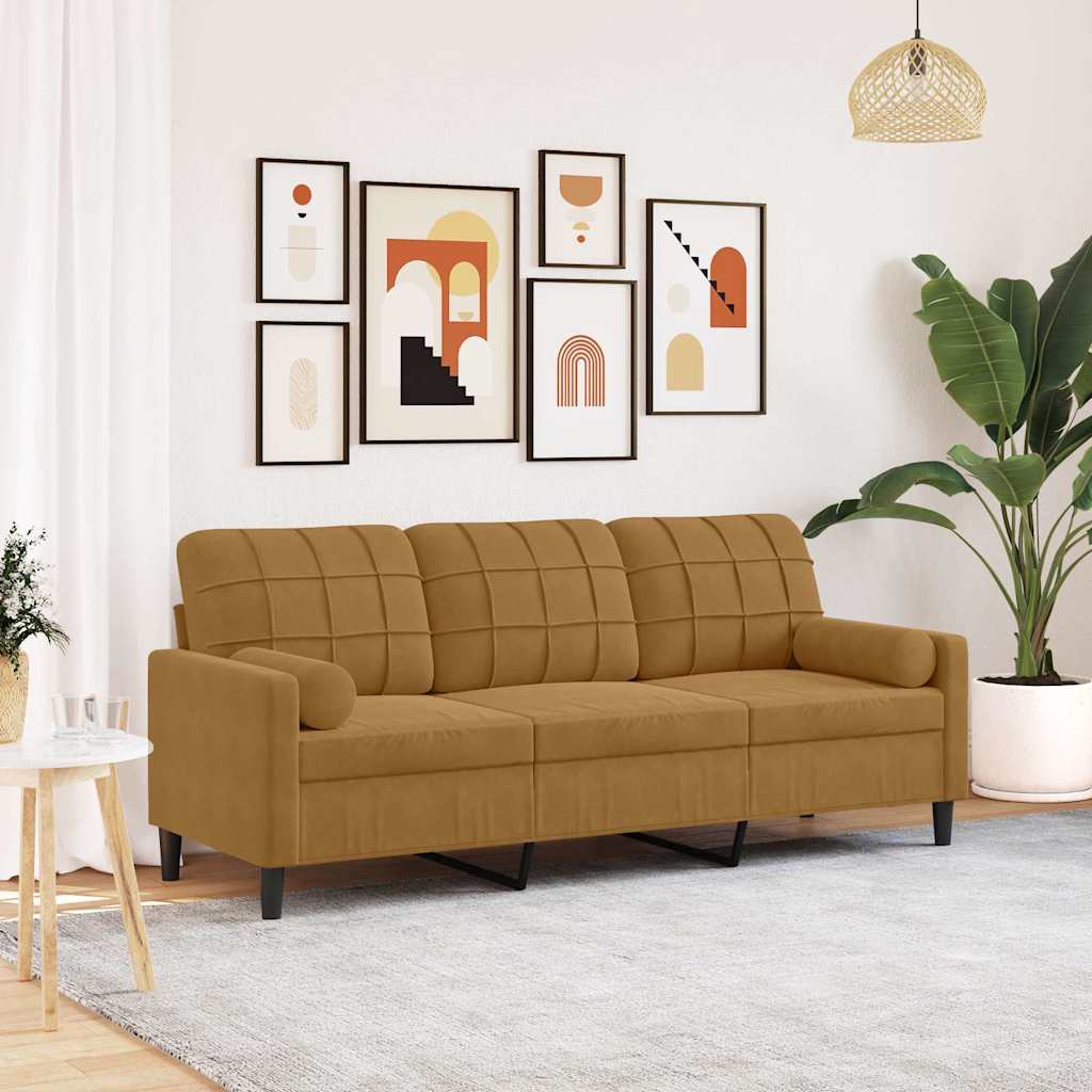 vidaXL Sofá 3 lugares c/ almofadas decorativas 180 cm veludo castanho