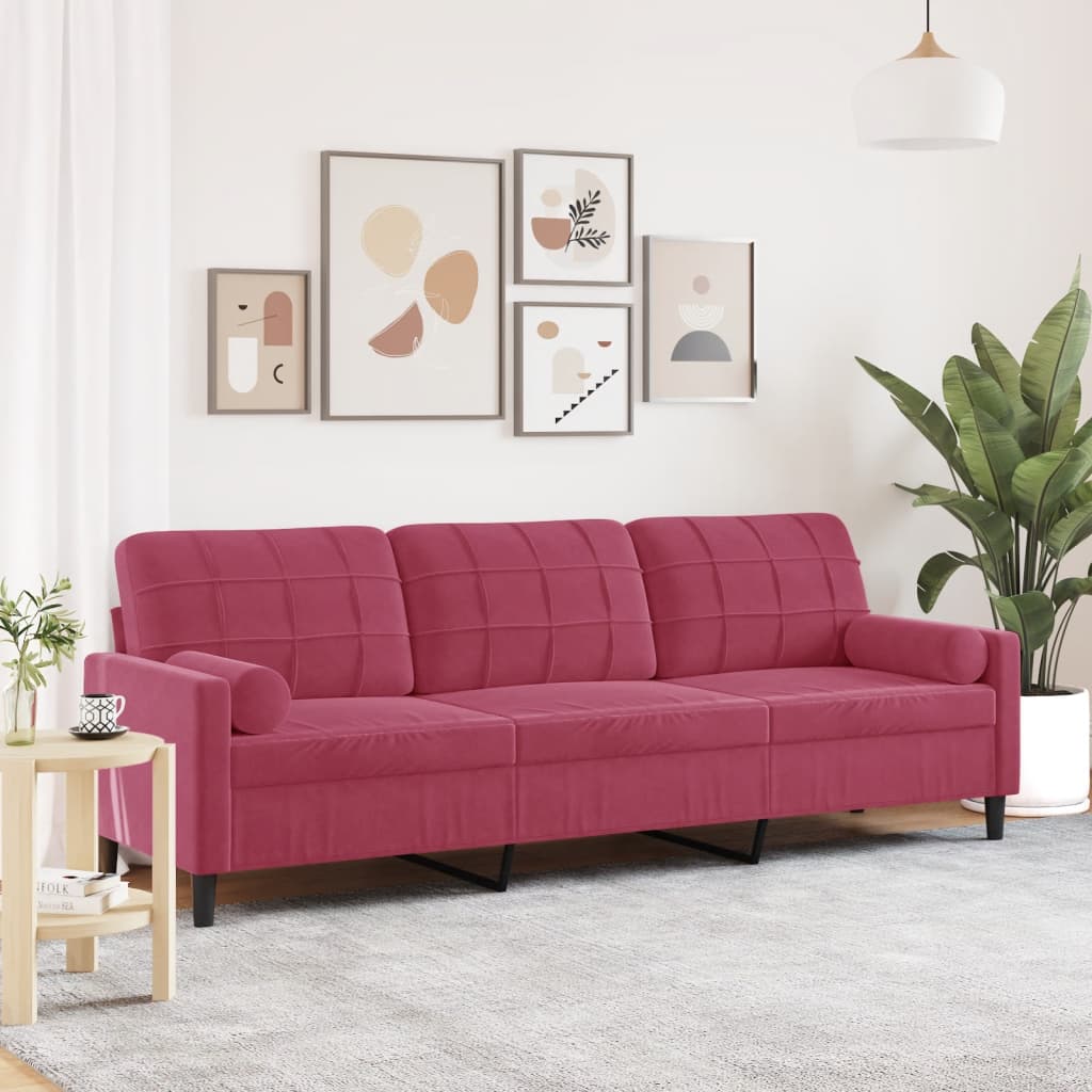 vidaXL Sofa 3-Sitzer mit Zierkissen Weinrot 210 cm Samt