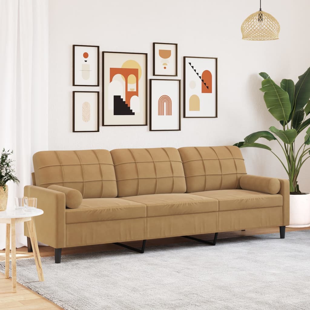 vidaXL Sofa 3-Sitzer mit Zierkissen Braun 210 cm Samt