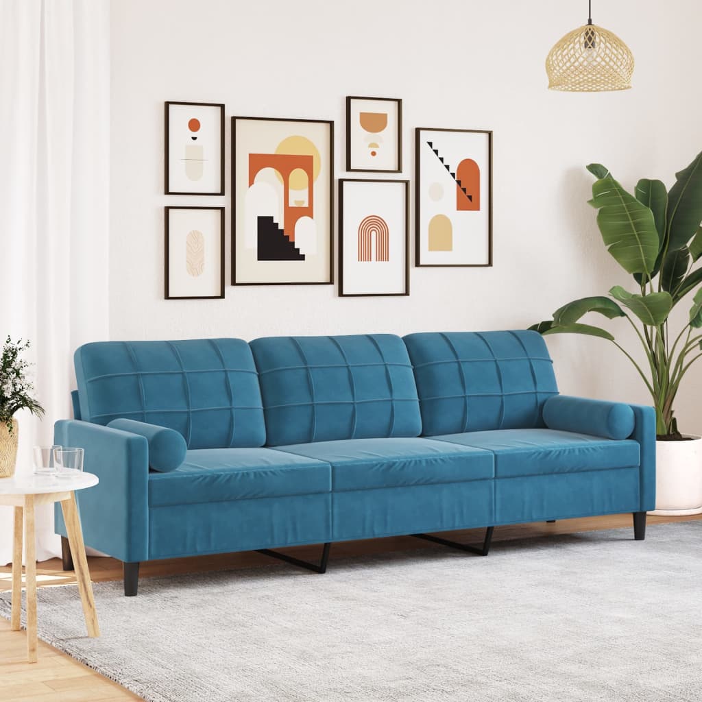 vidaXL Sofa 3-Sitzer mit Zierkissen Blau 210 cm Samt