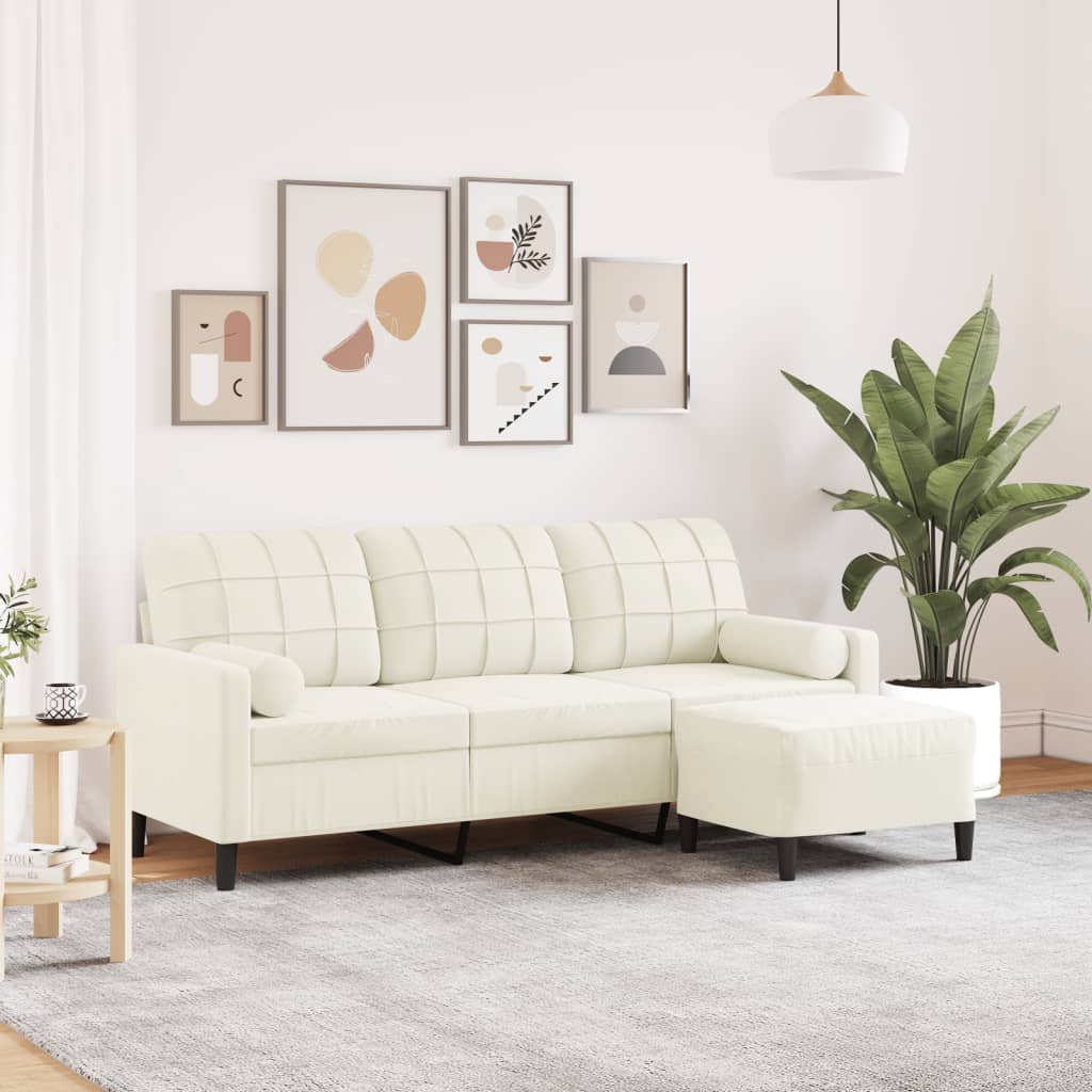 vidaXL 3-Sitzer-Sofa mit Hocker Creme 180 cm Samt
