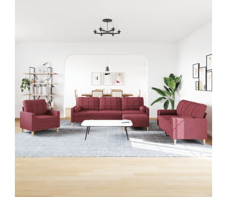 vidaXL Set canapele cu taburet și perne, 4 piese, roșu vin, textil