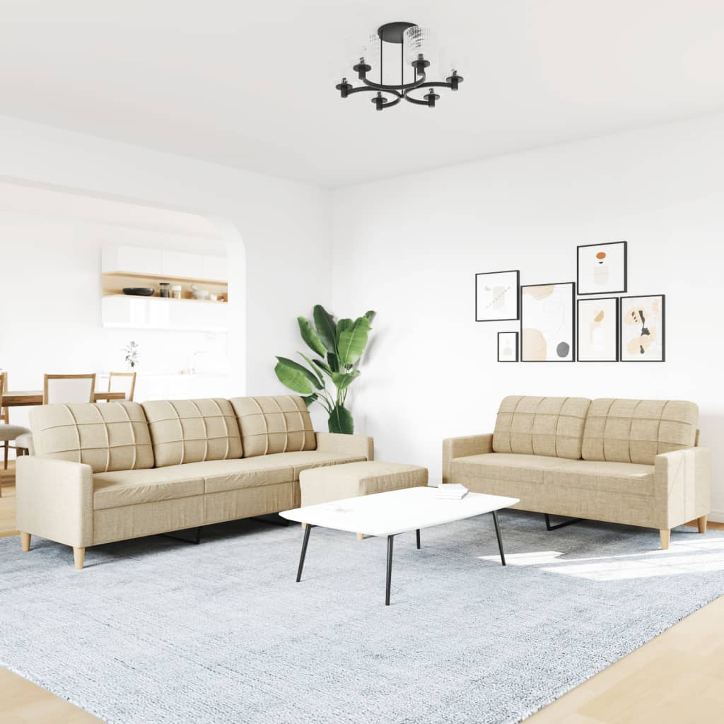 vidaXL 3-delige Loungeset met voetenbank stof crèmekleurig afbeelding