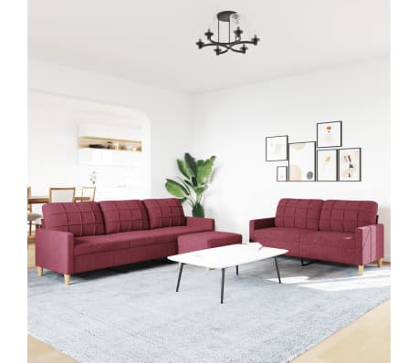 vidaXL Set canapele cu taburet, 3 piese, roșu vin, material textil