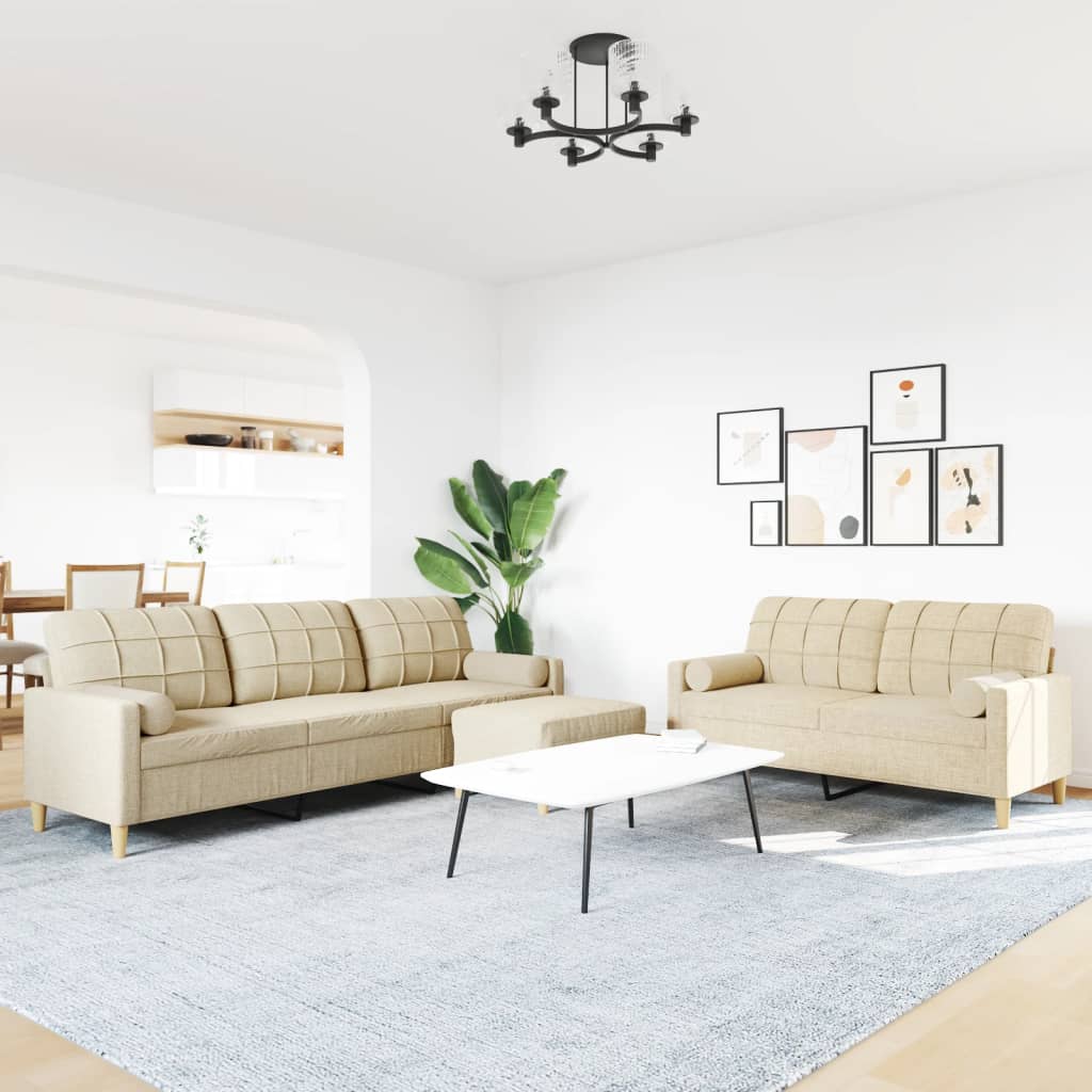 vidaXL 3-delige Loungeset met voetenbank en kussens stof crèmekleurig afbeelding